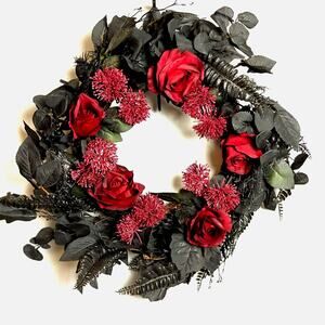 Goth Red Rose and Black Leaf Faux Floral Wreath 20 Inch NIB